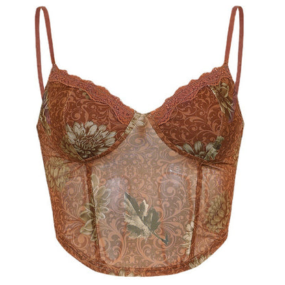 Women Lace Trim Floral Crop Top Ivyshape