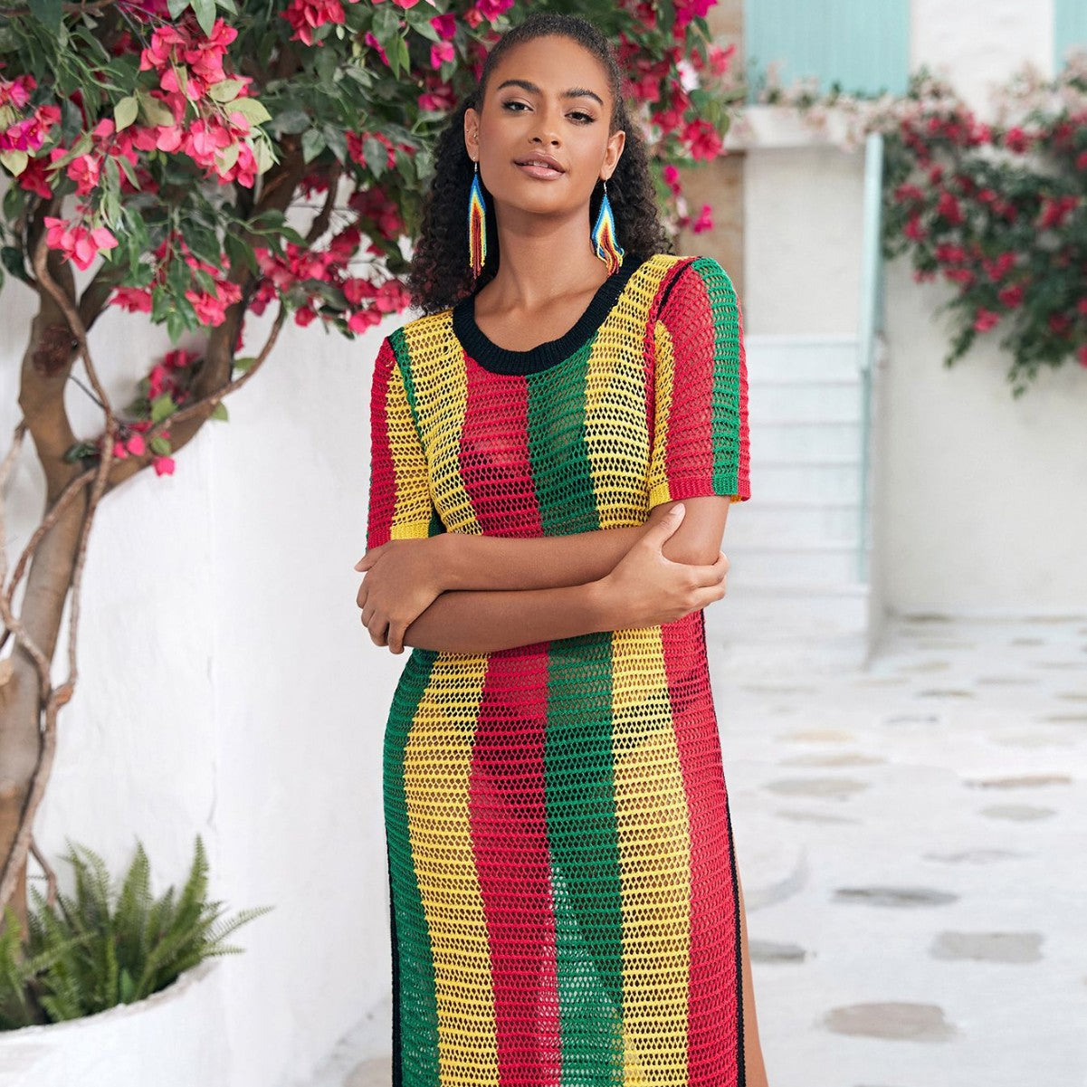 Women airy mesh beach dress with multicolored stripe pattern Ivyshape
