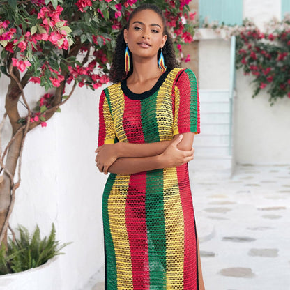 Women airy mesh beach dress with multicolored stripe pattern Ivyshape