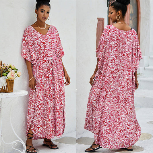 Ladies fashionable kaftan with animal motif and flexible tie band Ivyshape