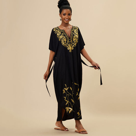 Women's maxi kaftan with artistic embroidery pattern and side slit details Ivyshape