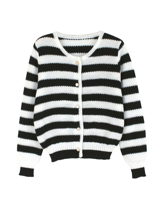 Women striped knitted cardigan with button detail and loose fit Ivyshape
