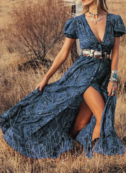 Ladies Maxidress with elegant puff sleeves and refined slit Ivyshape