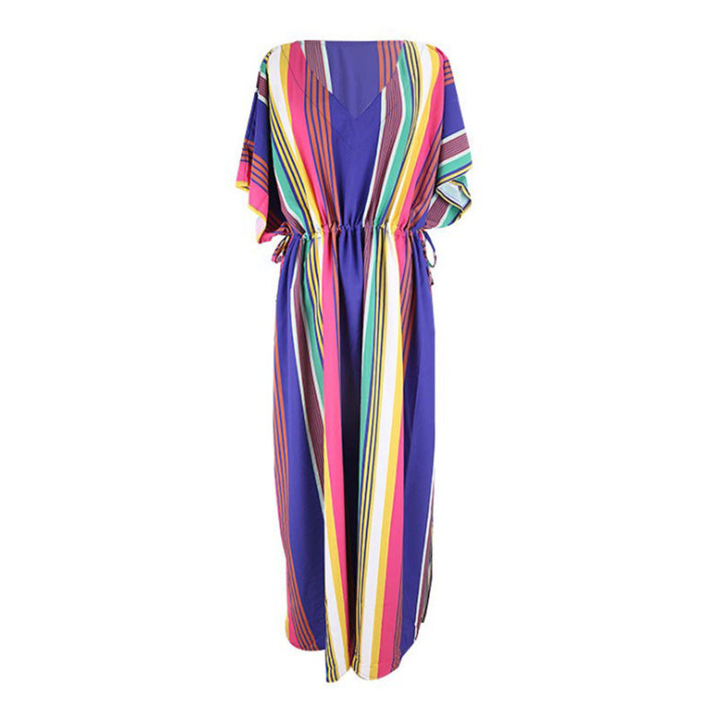Women's Maxi Kaftan with festive striped pattern and side slit Ivyshape