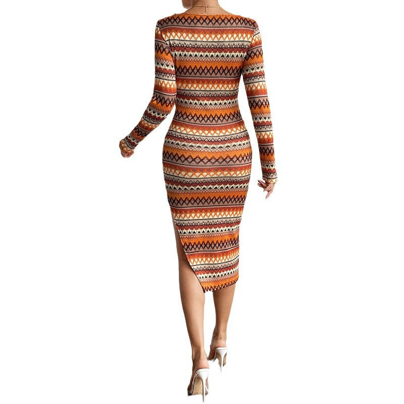 Women's Long-Sleeved Knitted Dress with Geometric Pattern Ivyshape