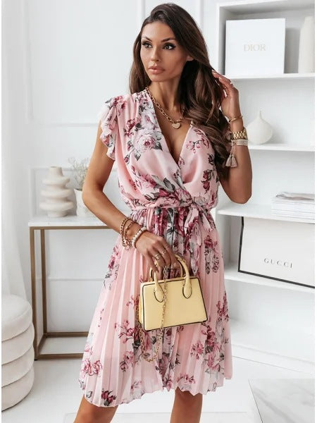 Women's wrap dress with floral design and innovative pleated skirt Ivyshape