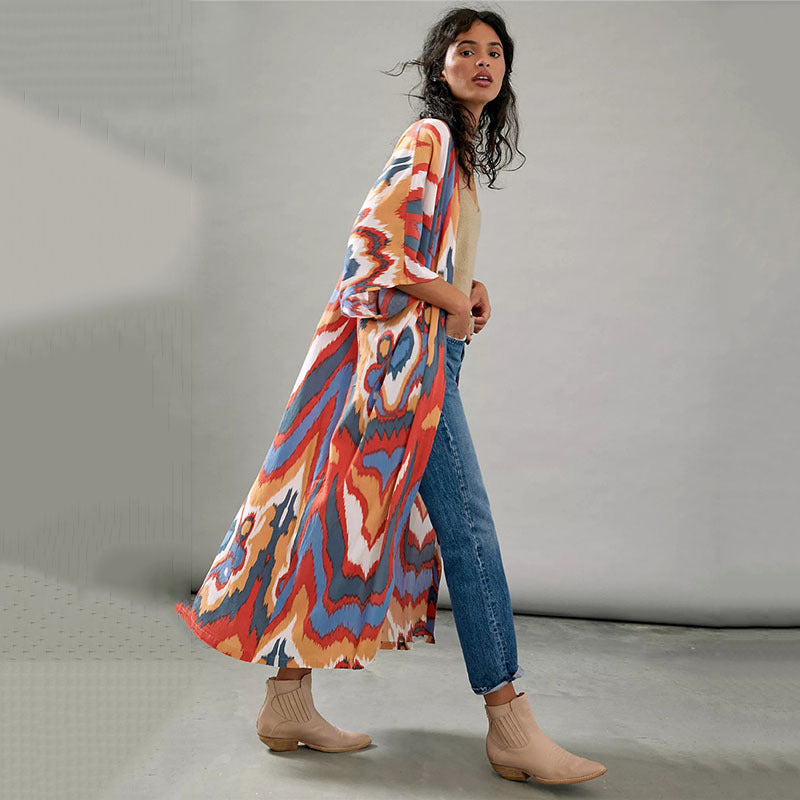 Women's Kimono-Style Beach Wrap with Artistic Pattern Ivyshape
