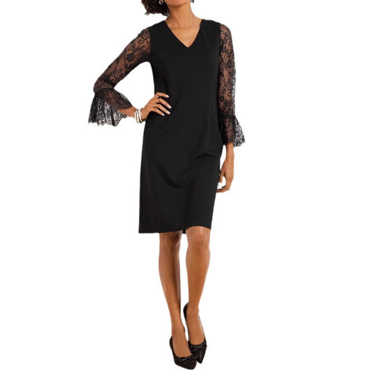 Ladies Elegant V-Neck Dress with Lace and Sleeves Ivyshape