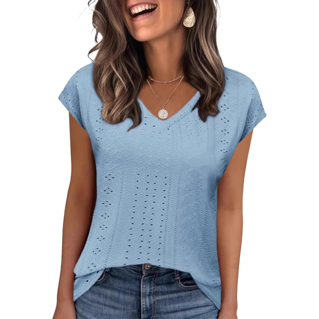 Women Lightweight V-Neck Eyelet Knit Top Ivyshape