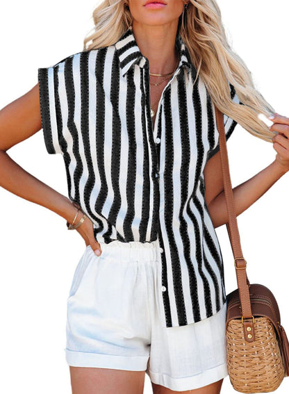 Women's casual linen shirt with striped design and elegant button placket Ivyshape