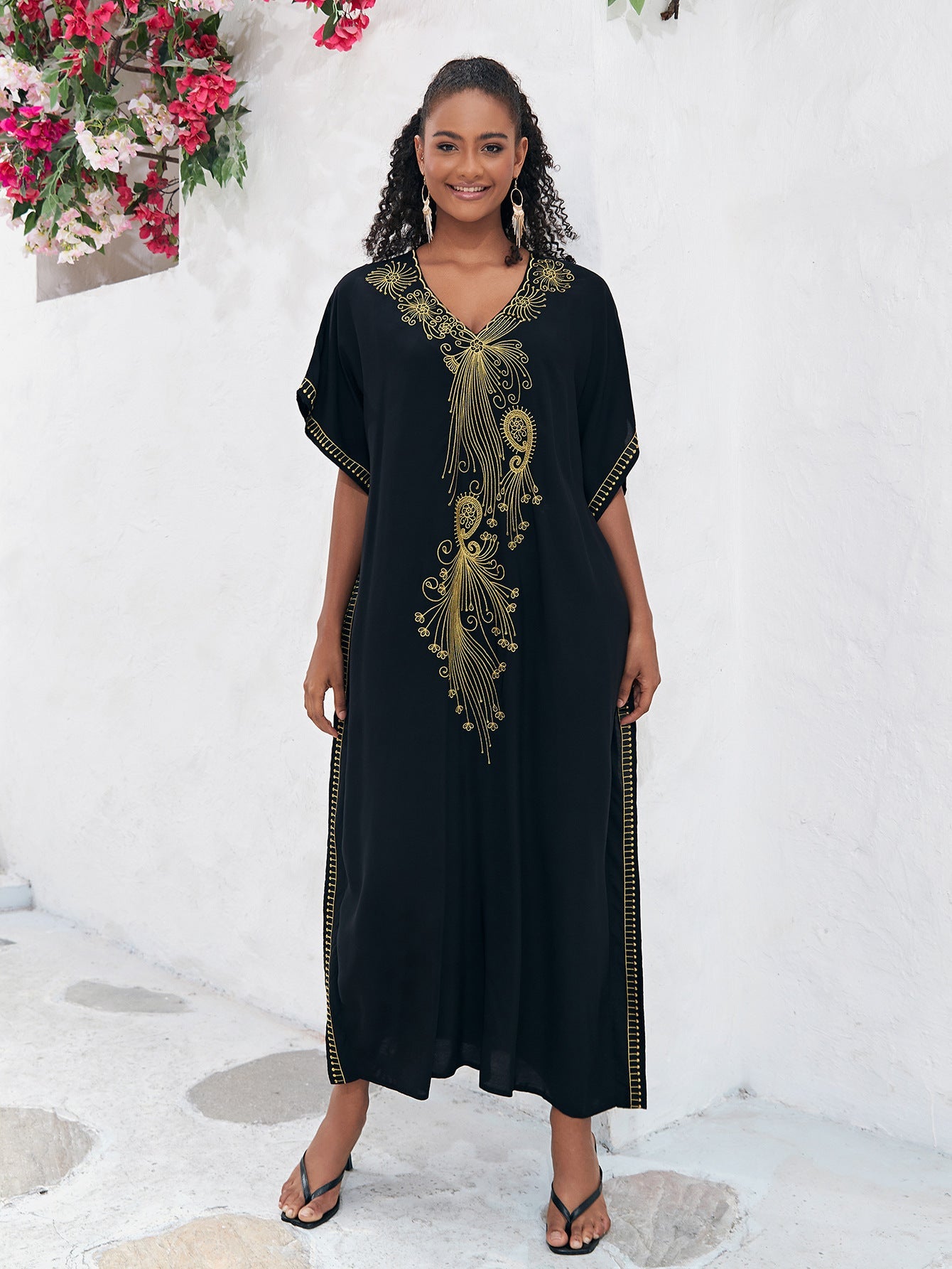 Ladies beach poncho with artistic gold embroidery design Ivyshape