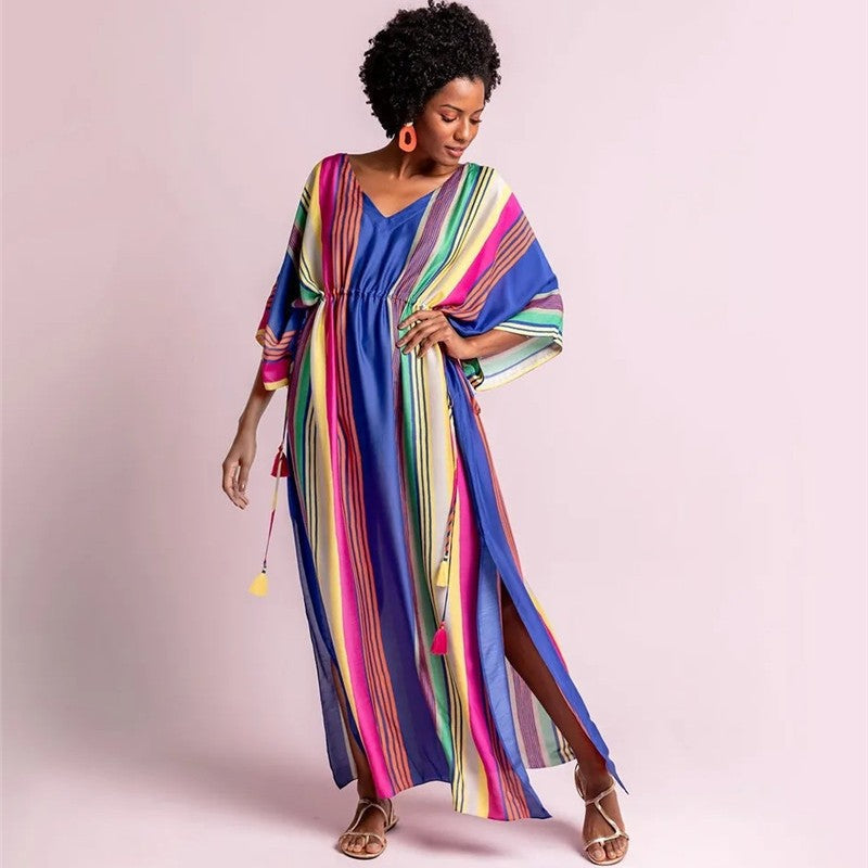 Women's Maxi Kaftan with festive striped pattern and side slit Ivyshape