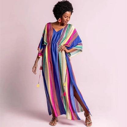 Women's Maxi Kaftan with festive striped pattern and side slit Ivyshape