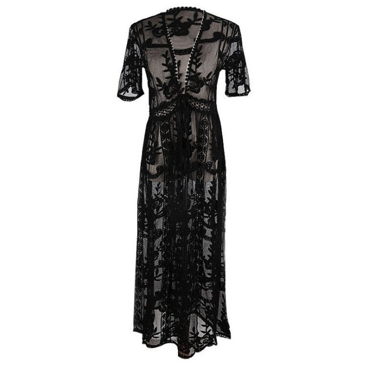 Women's airy crochet beach cover-up with floral details Ivyshape