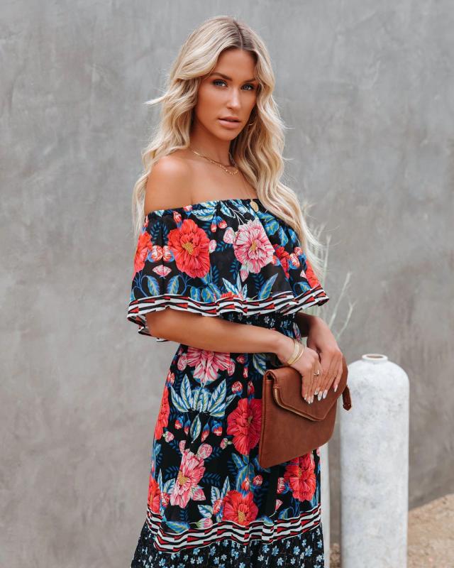 Women's Off-Shoulder Maxi Dress with Floral Design and Voluminous Sleeves Ivyshape