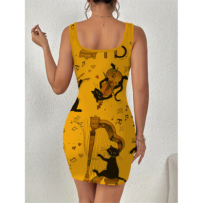 Ladies sleeveless mini dress with creative cat motif Ivyshape