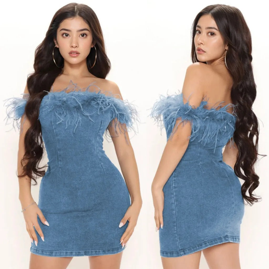 Women Off-Shoulder Denim Mini Dress with Feather Details Ivyshape