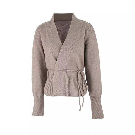 Ladies fashionable knit cardigan with tie belt and deep V-neck Ivyshape