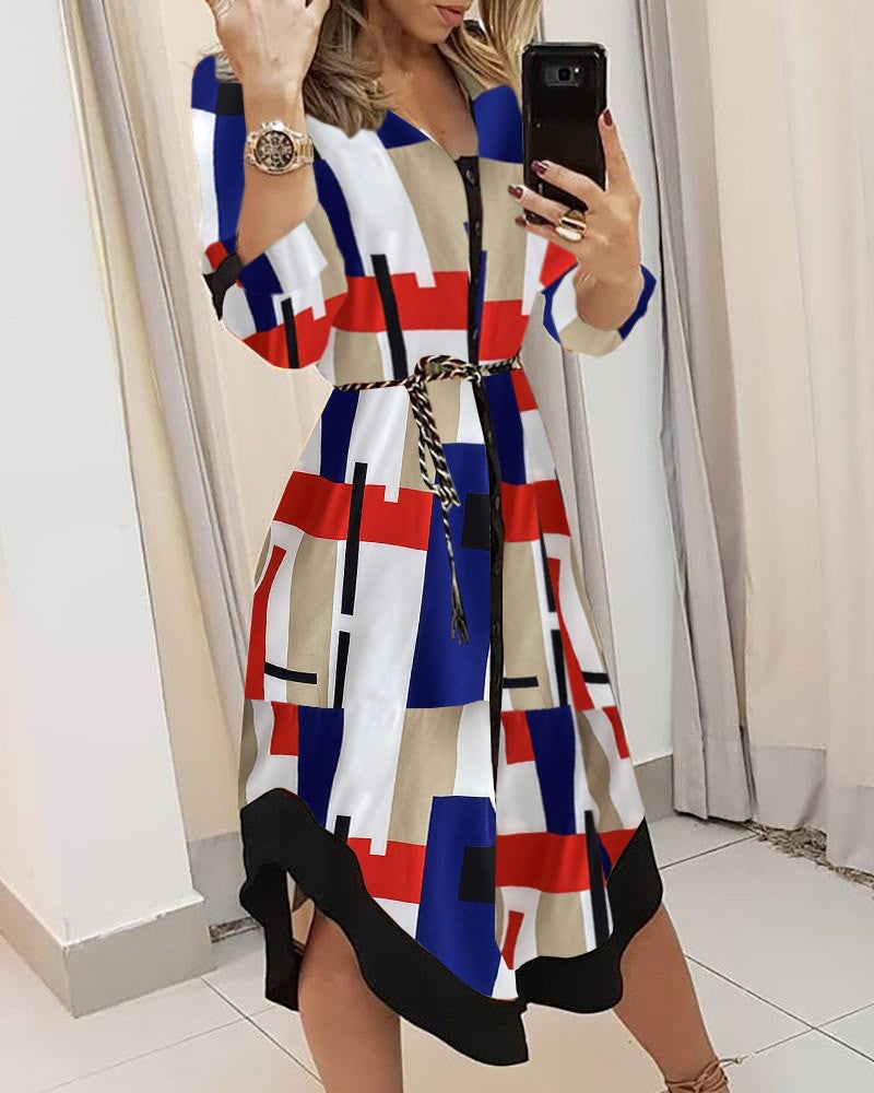 Ladies tunic dress with asymmetrical hem and striped design Ivyshape