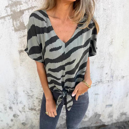 Ladies Elegant V-Neck Tie-Front Blouse Ivyshape