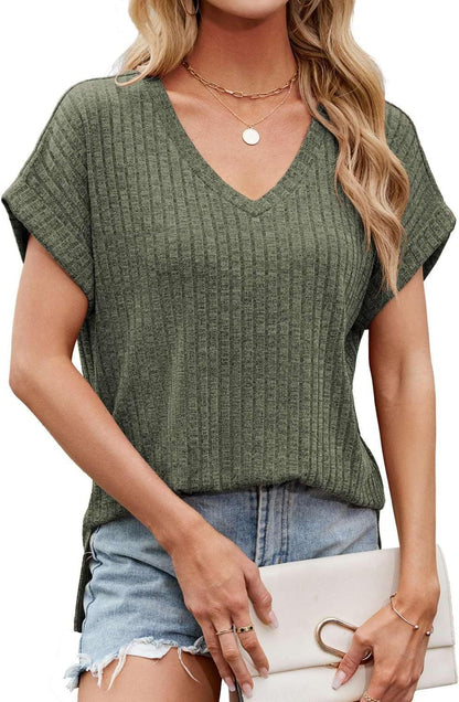 Women's Casual V-Neck T-Shirt with Textured Fabric Ivyshape