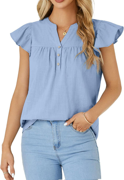 Women Lightweight Button-Front Flutter Sleeve Top Ivyshape