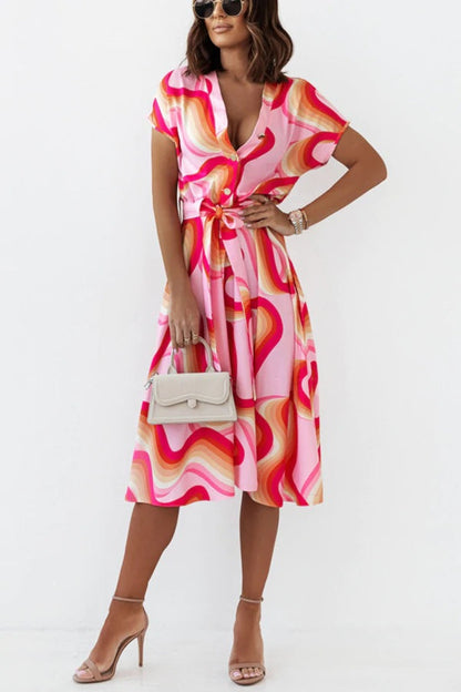 Women's maxi dress with modern geometric cut and waist belt Ivyshape