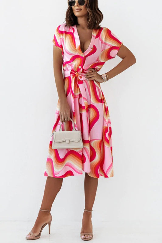 Women's maxi dress with modern geometric cut and waist belt Ivyshape