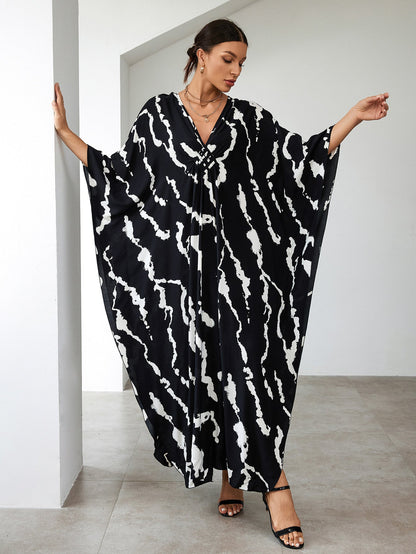 Ladies beach kaftan with elegant V-neck and colorful pattern Ivyshape