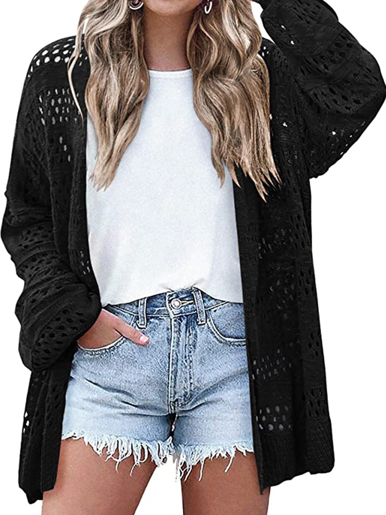 Ladies airy knitted cardigan with crochet pattern Ivyshape