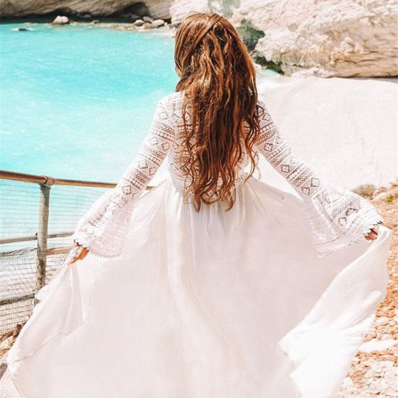Women elegant crochet beach robe with romantic lace accents Ivyshape