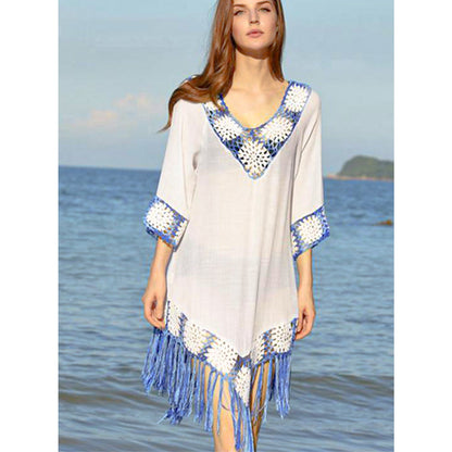 Ladies airy beach tunic with fringed details and crocheted pattern Ivyshape
