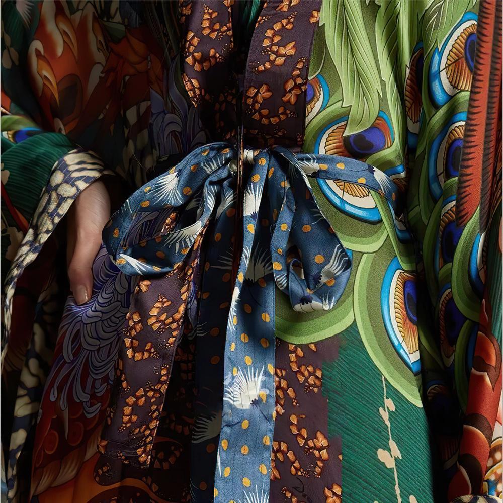 Ladies elegant kimono-style beach cover-up with intricate pattern and deep V-neck Ivyshape