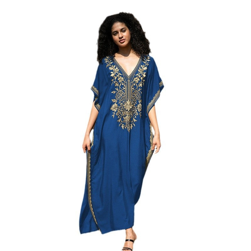 Women's kaftan dress with intricate golden border and elegant V-neck Ivyshape