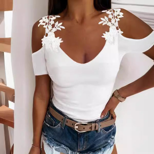 Ladies Cold Shoulder Floral Embellished V-Neck Top Ivyshape