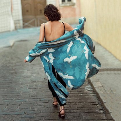 Ladies elegant kimono with artistic bird motif and flowing cut Ivyshape