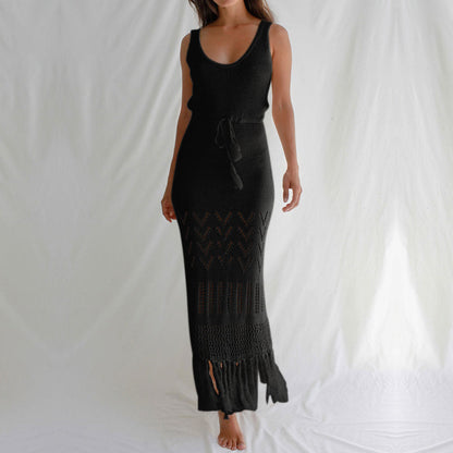 Ladies Longer Crochet Skirt with Fringed Hem and Adjustable Belt Ivyshape