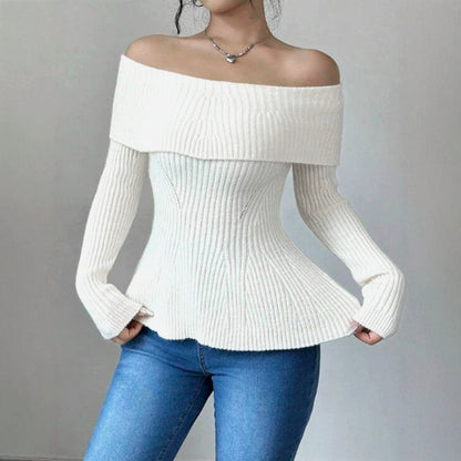 Women Off-Shoulder Knit Sweater with Decorative Ribbed Structures Ivyshape