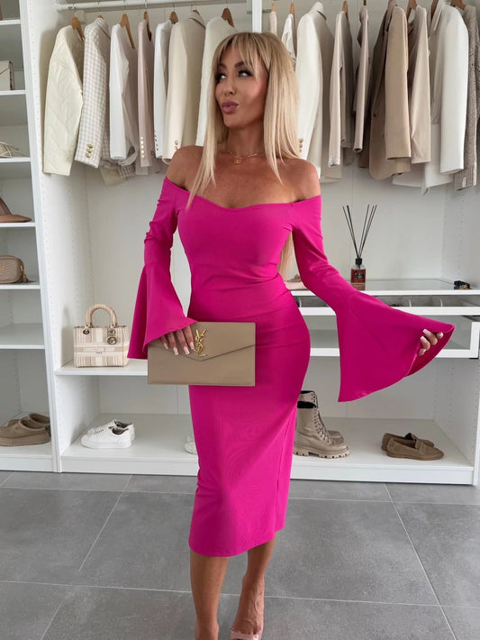 Women's sheath dress with off-shoulder ruffled sleeves and fitted silhouette Ivyshape