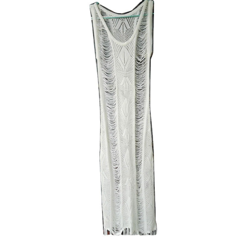 Women's crochet beach dress with fringed accents and asymmetric hem Ivyshape