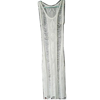 Women's crochet beach dress with fringed accents and asymmetric hem Ivyshape