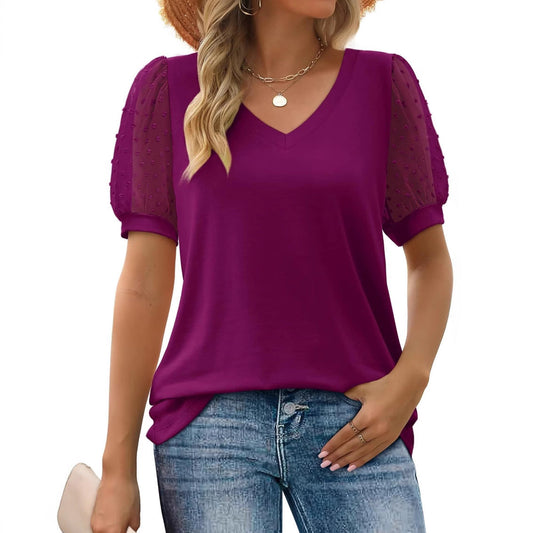 Women Elegant V-Neck Top with Transparent Puff Sleeves Ivyshape