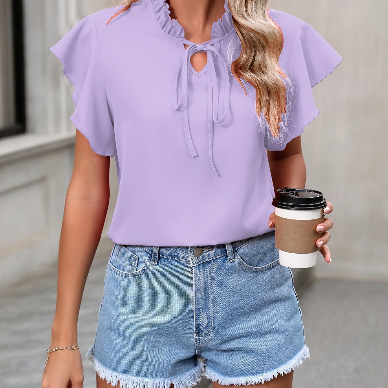 Ladies Ruffle Neckline Flutter Sleeve Blouse Ivyshape