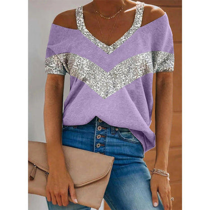 Women V-Neck Sequin Accent Casual Top Ivyshape