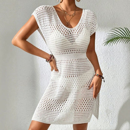 Women crocheted beach dress with V-neck and elastic waistband Ivyshape