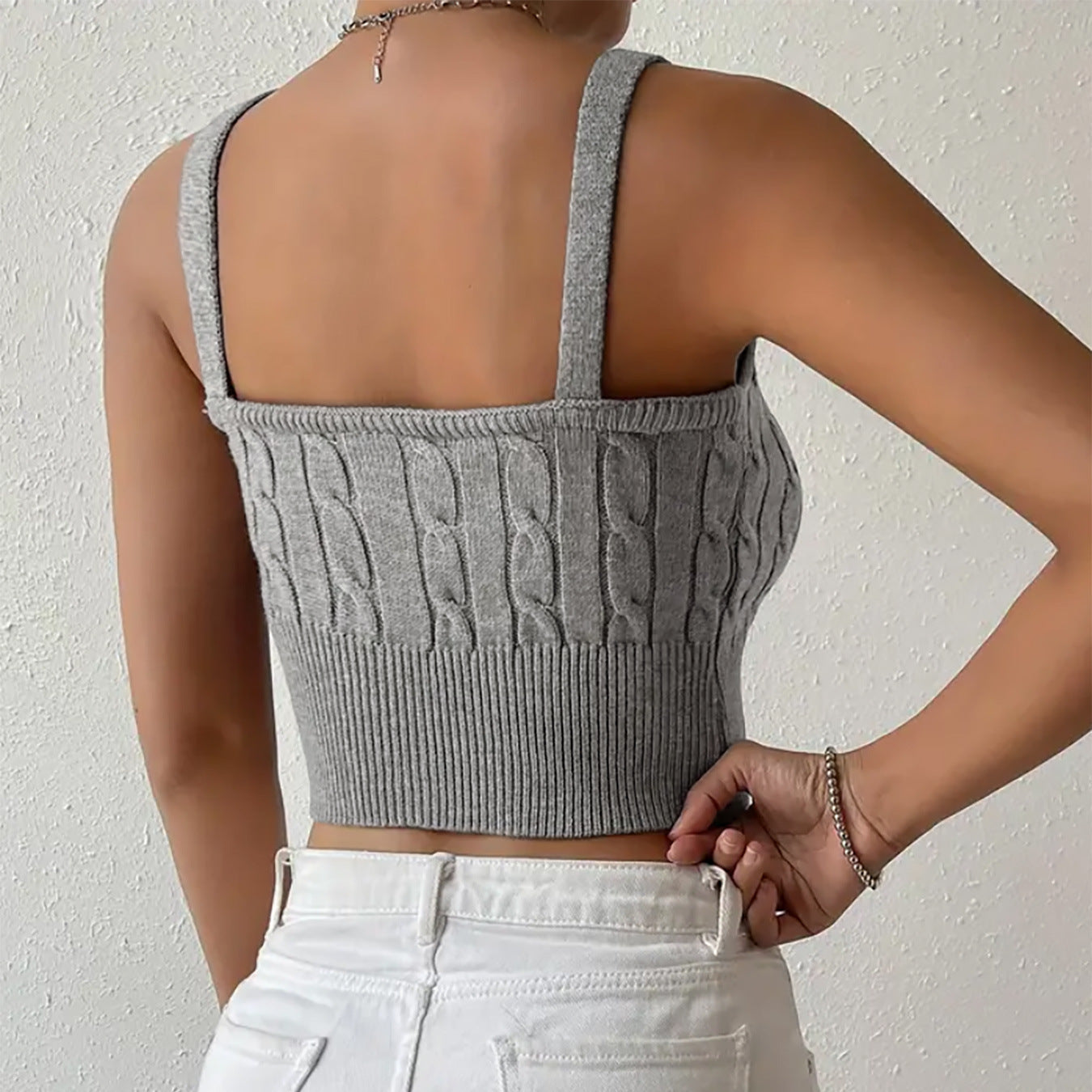 Women’s cropped knit top with deep V-neck and cable pattern Ivyshape