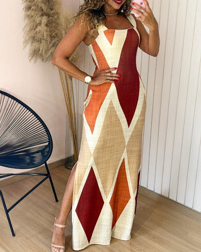 Ladies Maxi Dress with Modern Diamond Pattern and Side Slit Ivyshape