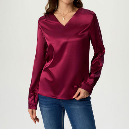 Ladies elegant V-neck satin top with long sleeves Ivyshape