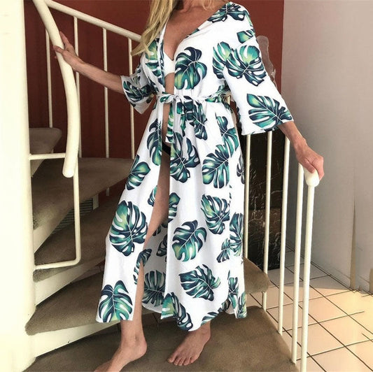 Women's beach kimono with modern leaf pattern and side slit Ivyshape