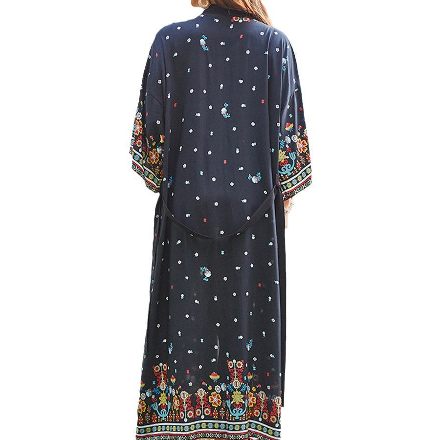 Women's airy beach kaftan with colorful floral embroidery design Ivyshape